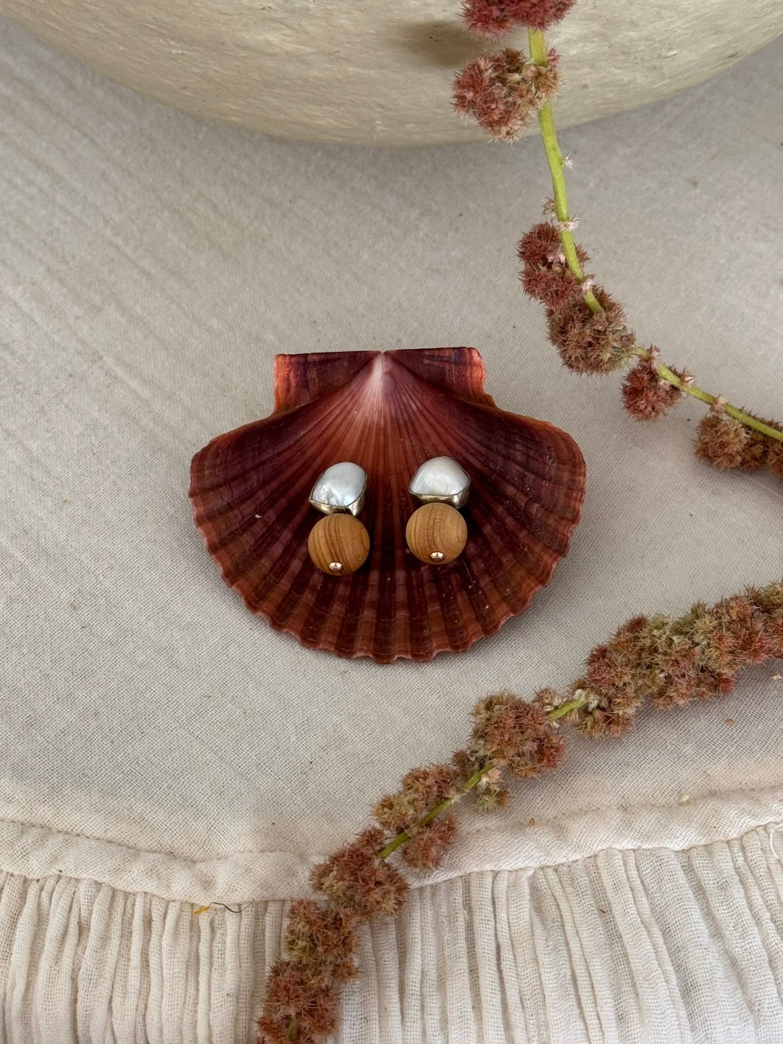 Antique Wood & Pearl Earrings